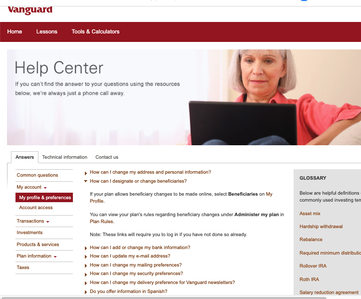 Writing sample of Help Center questions for Vanguard